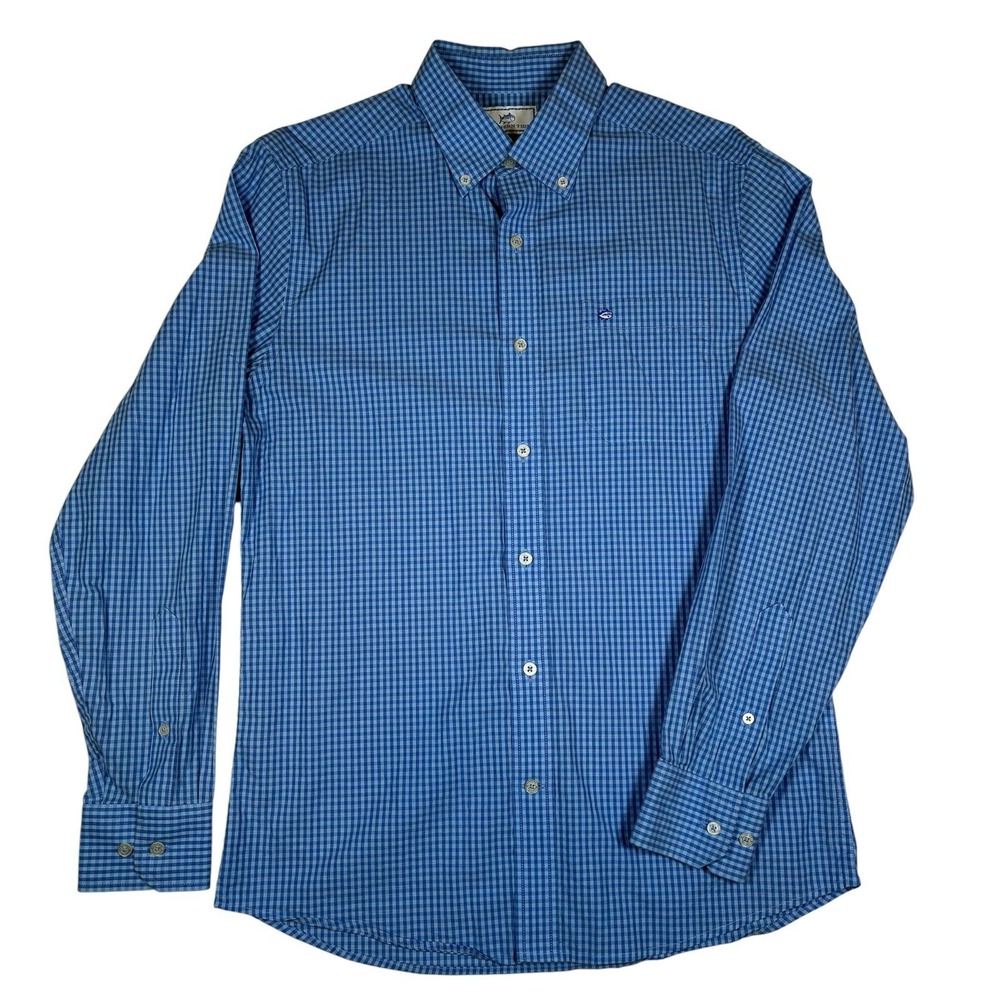 Southern Tide Mens M Blue Mini Gingham Button Down Shirt Cotton Stretch